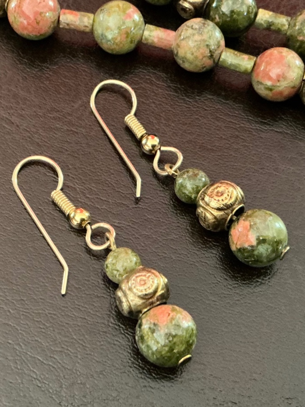Vintage Unakite Natural Polished Bead Necklace & Earring Set Marbled Stones EUC - Picture 13 of 16